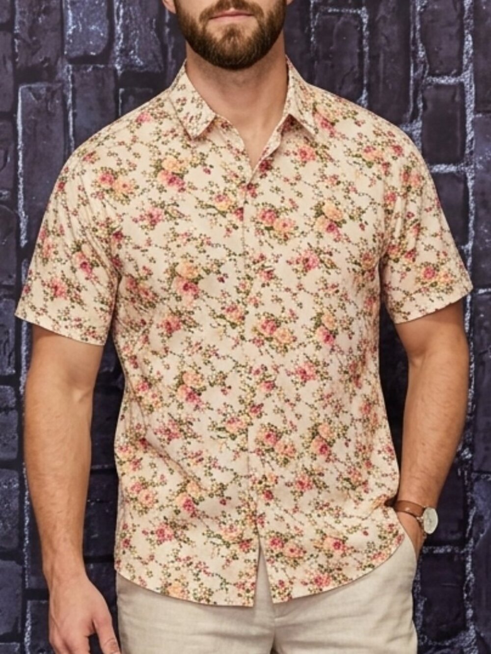 Coofandy Men's Cream Floral Short-Sleeve Button-Down Shirt XL